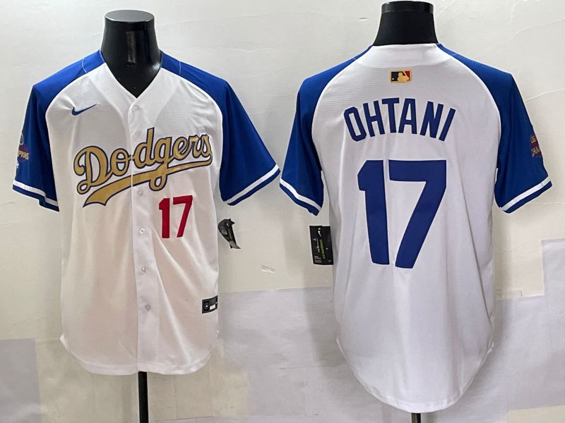 Men Los Angeles Dodgers 17 Ohtani White Blue Champion gold character Nike 2025 MLB Jersey style 50513